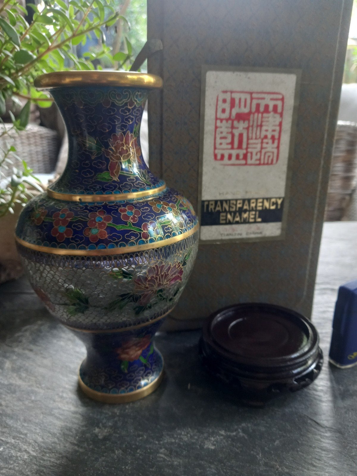 Antieke Chinese Cloisonné Vaas met Doos en Voetstuk, Ophalen of Verzenden