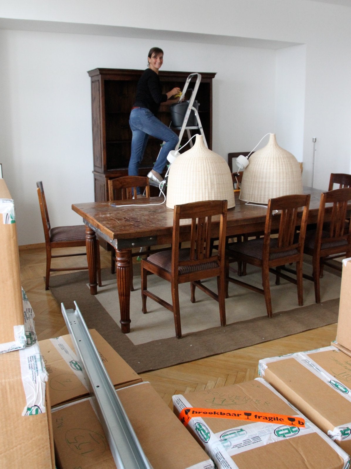 Teak houten eettafel met stoelen uit Indonesië, Huis en Inrichting, Tafels | Eettafels, Ophalen, Gebruikt, Teakhout, 200 cm of meer