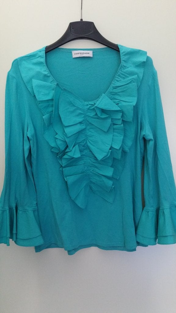 Cottonade sierlijk t-shirt groen met ruches, Maat 42/44 (L), Ophalen of Verzenden, Zo goed als nieuw, Cottonade