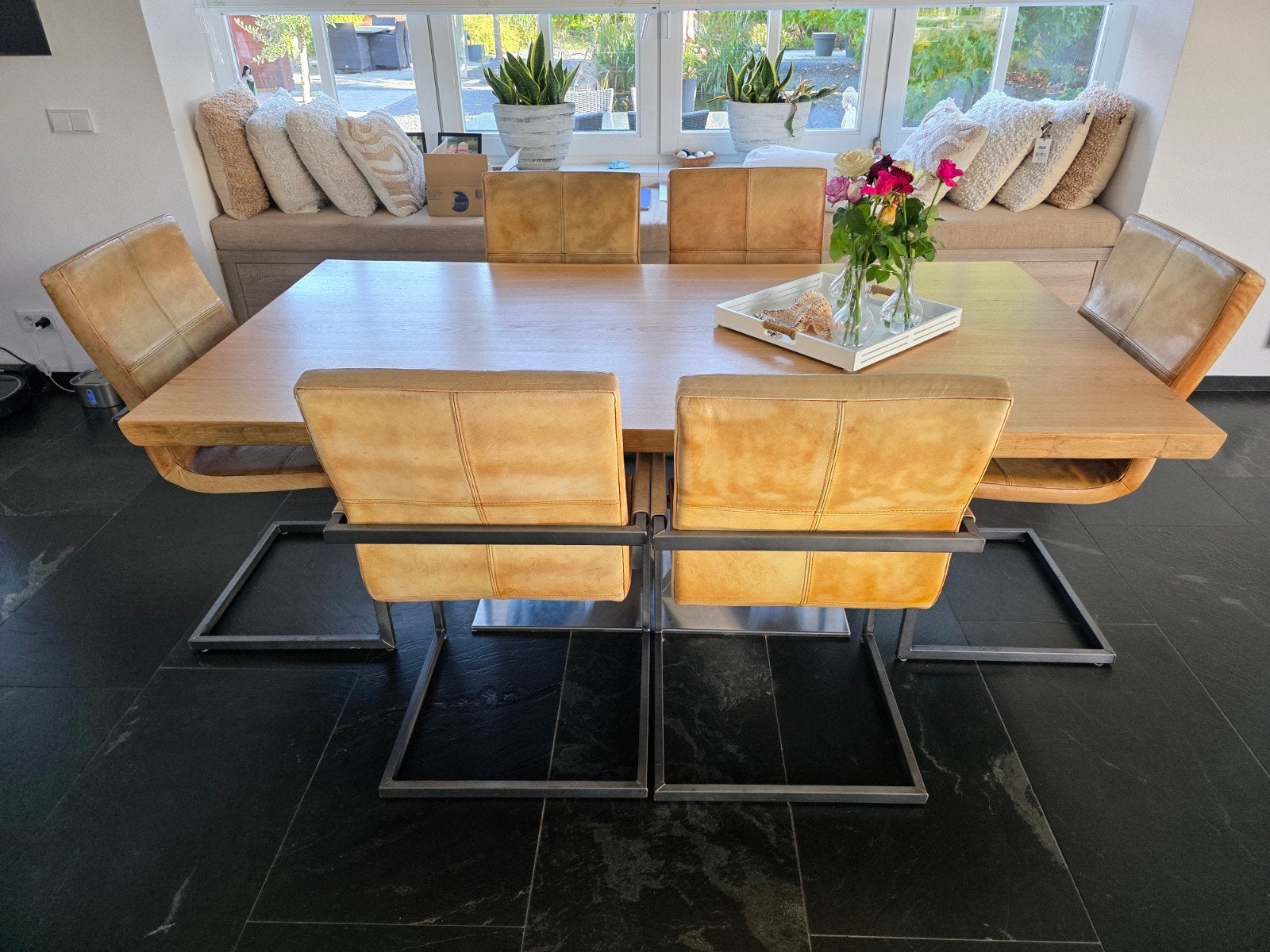 Eiken boomstamtafel met 6 cognac leren stoelen, Ophalen, Gebruikt, Vijf personen of meer, 150 tot 200 cm