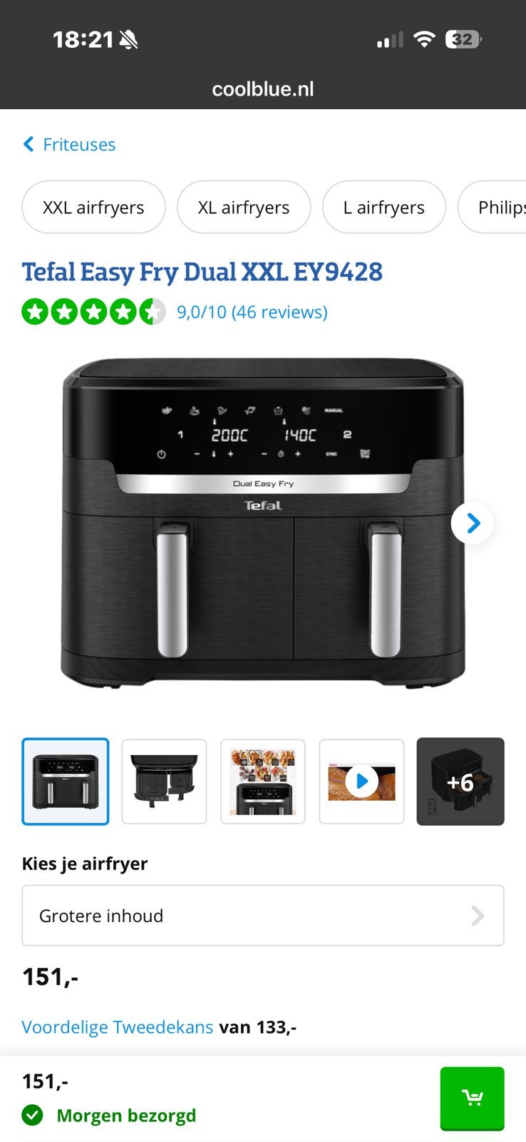 Tefal Easy Fry Dual XXL EY9428 – Zo goed als nieuw, Ophalen of Verzenden, Zo goed als nieuw, Airfryer XL, 1500 gram of meer