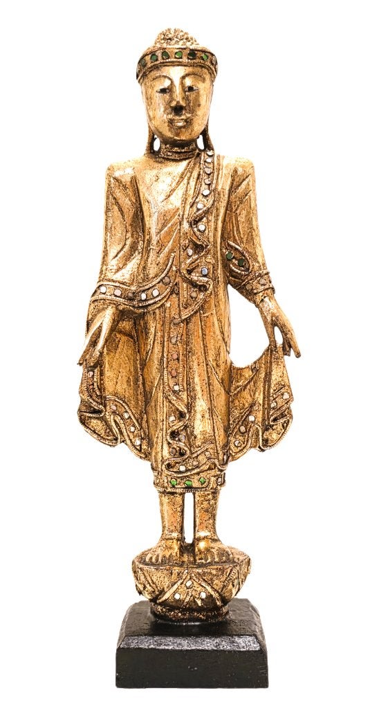Houten Boeddha beeld, verguld., Ophalen of Verzenden, Zo goed als nieuw, Hout, Gouden accenten