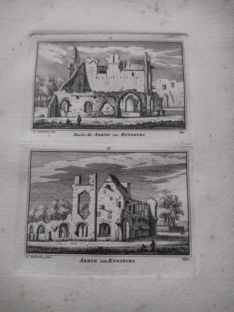 077/078 Rijnsburg en Ruïne Abdij Kopergravure 18e Eeuw dl 3, Antiek en Kunst, Ophalen of Verzenden