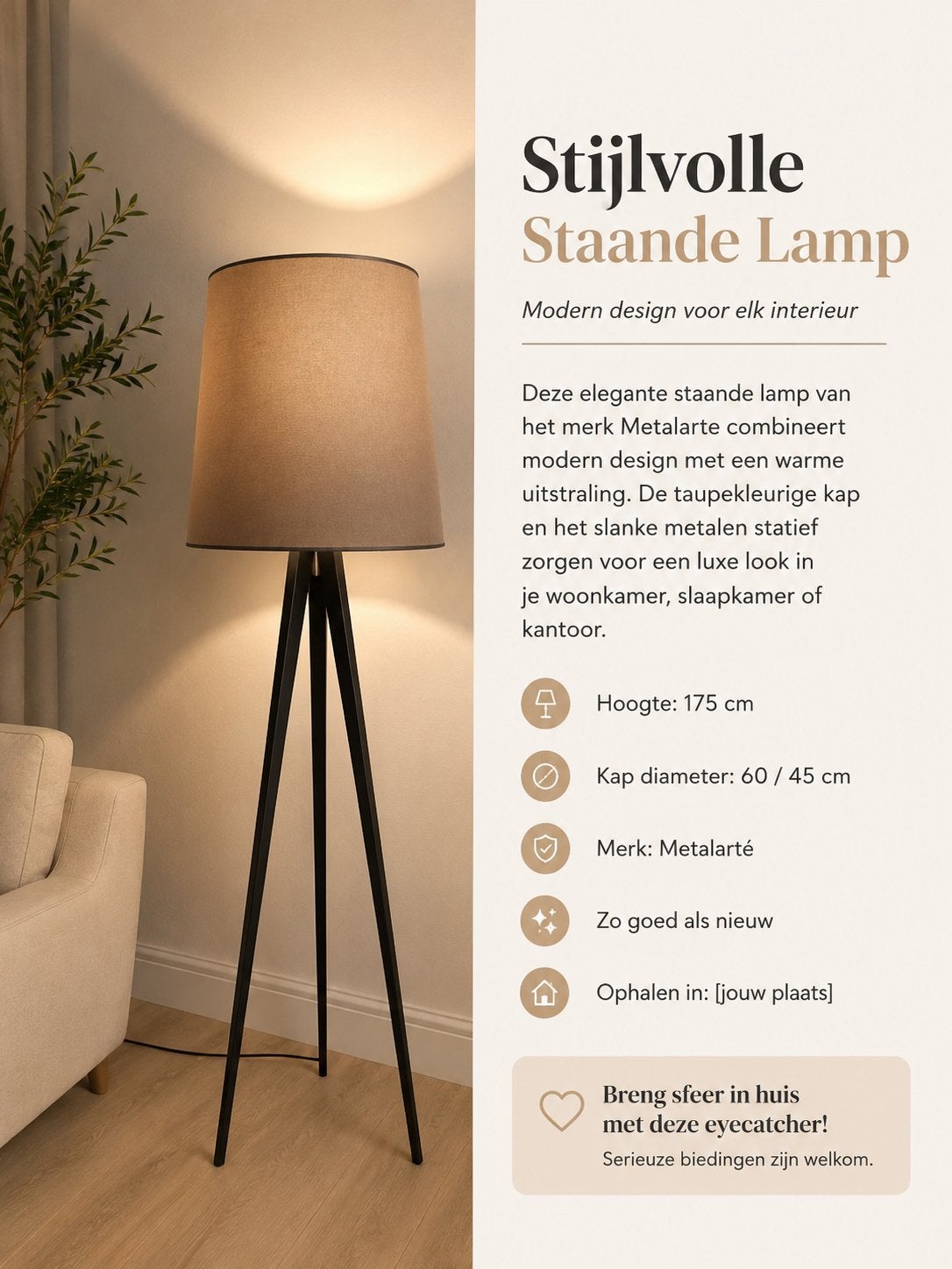Stijlvolle Metalarte Staande Lamp - vloerlamp Modern Design, Ophalen, Zo goed als nieuw, Metaal, 150 tot 200 cm