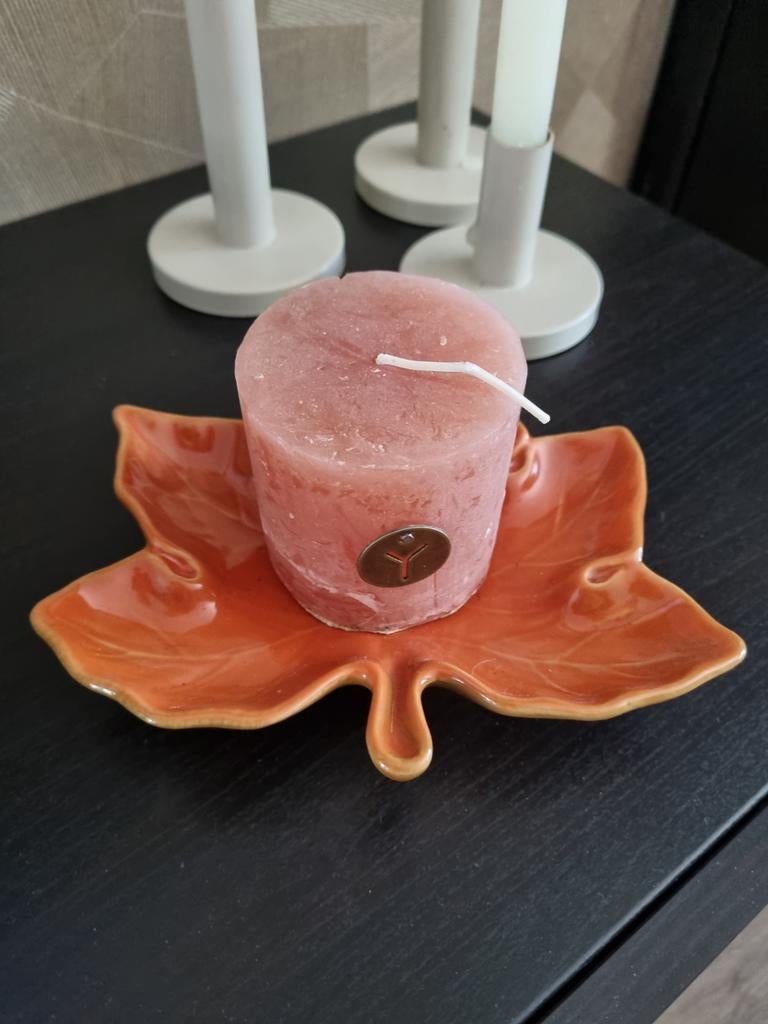 Decoratieve kaars en bladvormige schaal - Herfstkleuren, Overige materialen, Bruin, Ophalen of Verzenden, Zo goed als nieuw