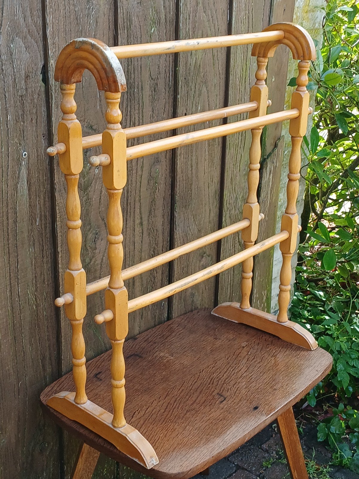 Vintage houten handdoekenrek /schoenenrek- 75 cm hoog, Ophalen of Verzenden