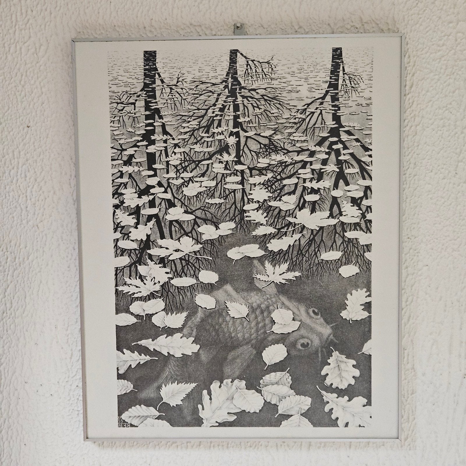 Zwart-wit prent in lijst - Escher-achtige stijl, Ophalen of Verzenden, Print, Prent, Ingelijst