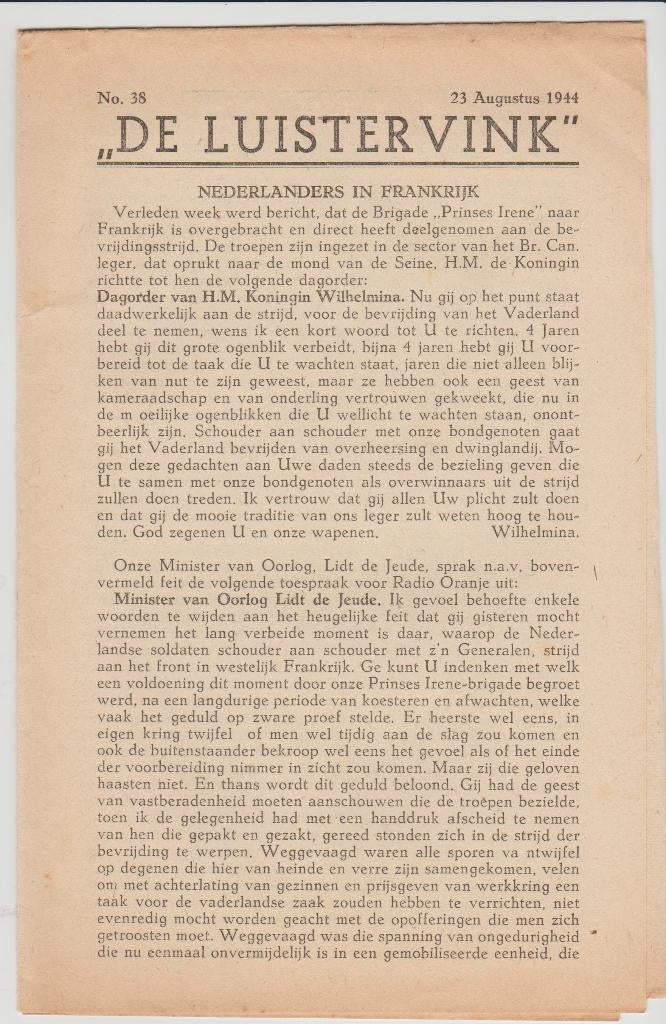 de luistervink verzetsblad 1944 ondergrondse verzet 8 blz, Ophalen of Verzenden, Overige soorten, Nederland, Boek of Tijdschrift