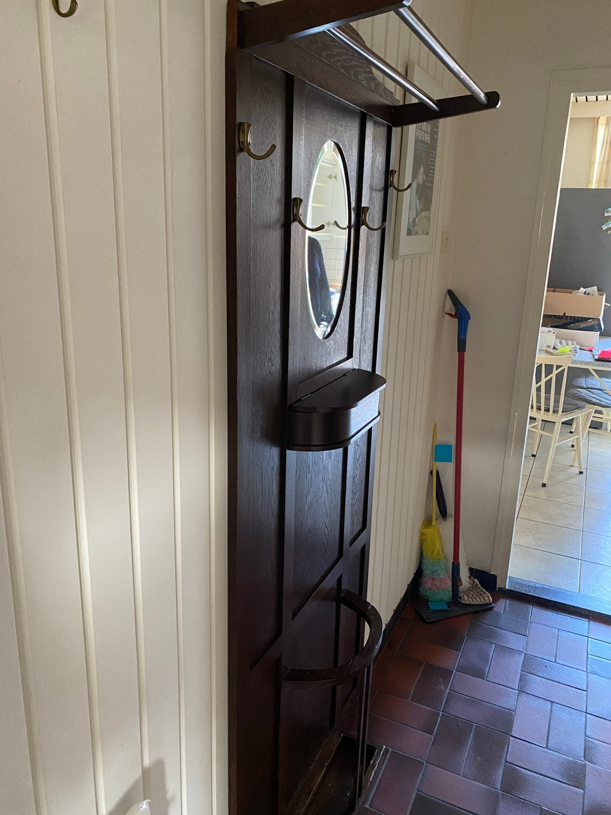 Antieke houten wandkapstok met spiegel en paraplubak, Gebruikt, 150 tot 200 cm, Hout, Ophalen