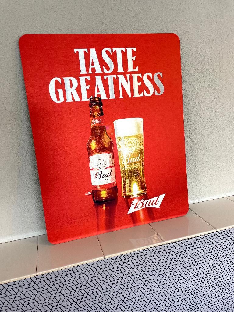 Reclamebord Budweiser bier logo, aluminium, afm 40x50 cm, Ophalen of Verzenden, Nieuw, Reclamebord