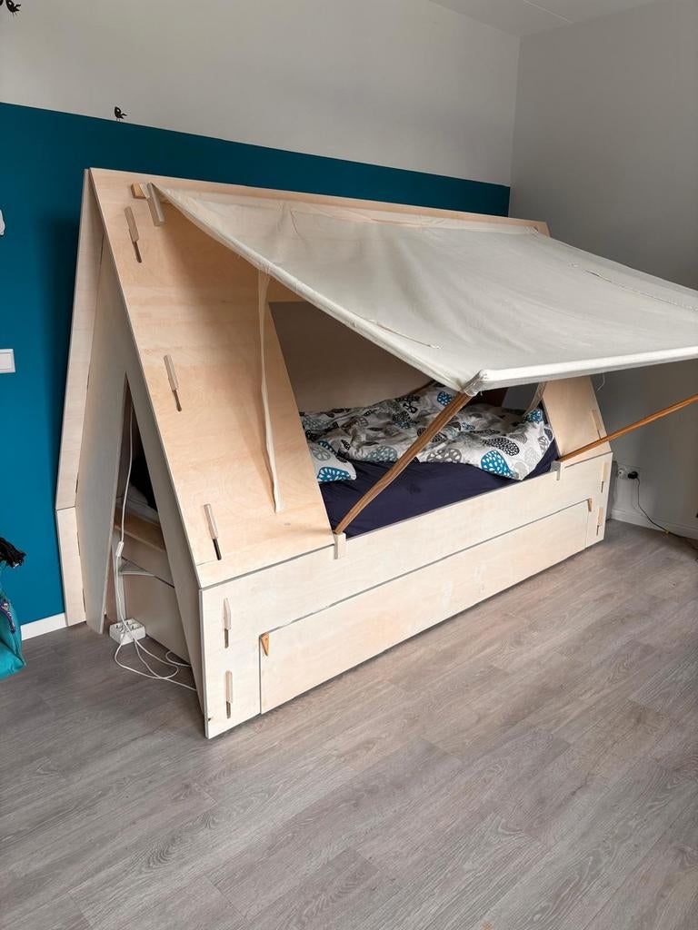 Tentbed met uitschuifbaar logeerbed (incl. lattenbodems), Ophalen, Lattenbodem, 180 cm of meer, 100 cm of meer