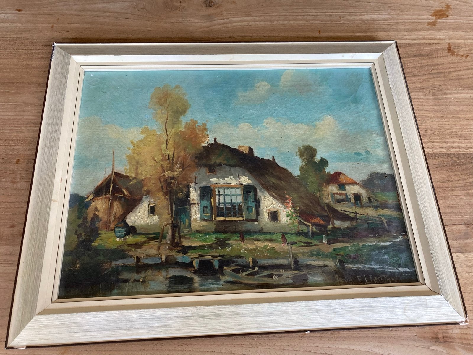 Schilderij met Hollands landschap en boerderij aan water, Doek, Realistisch, Ophalen of Verzenden, Gesigneerd