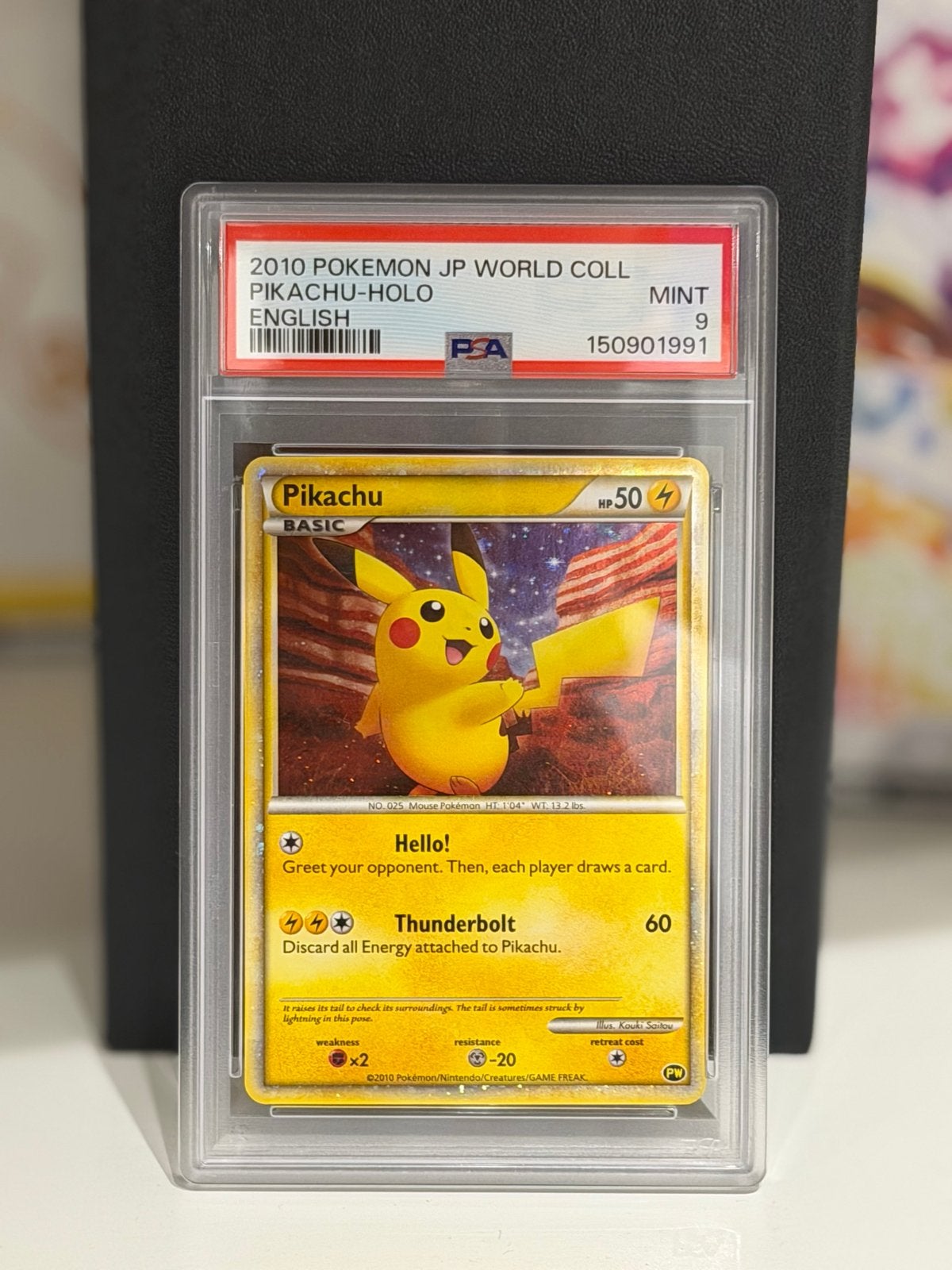 2010 Pikachu World Collection Holo PSA 9 Pokémon Kaart, Ophalen of Verzenden, Zo goed als nieuw, Losse kaart, Foil