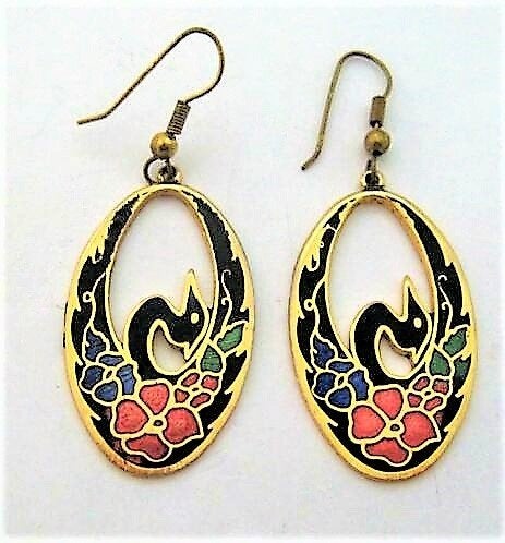 Oorbellen zwarte zwaan, FISH cloisonné emaille 22 kt verguld, Ophalen, Nieuw, Zwart, Overige materialen