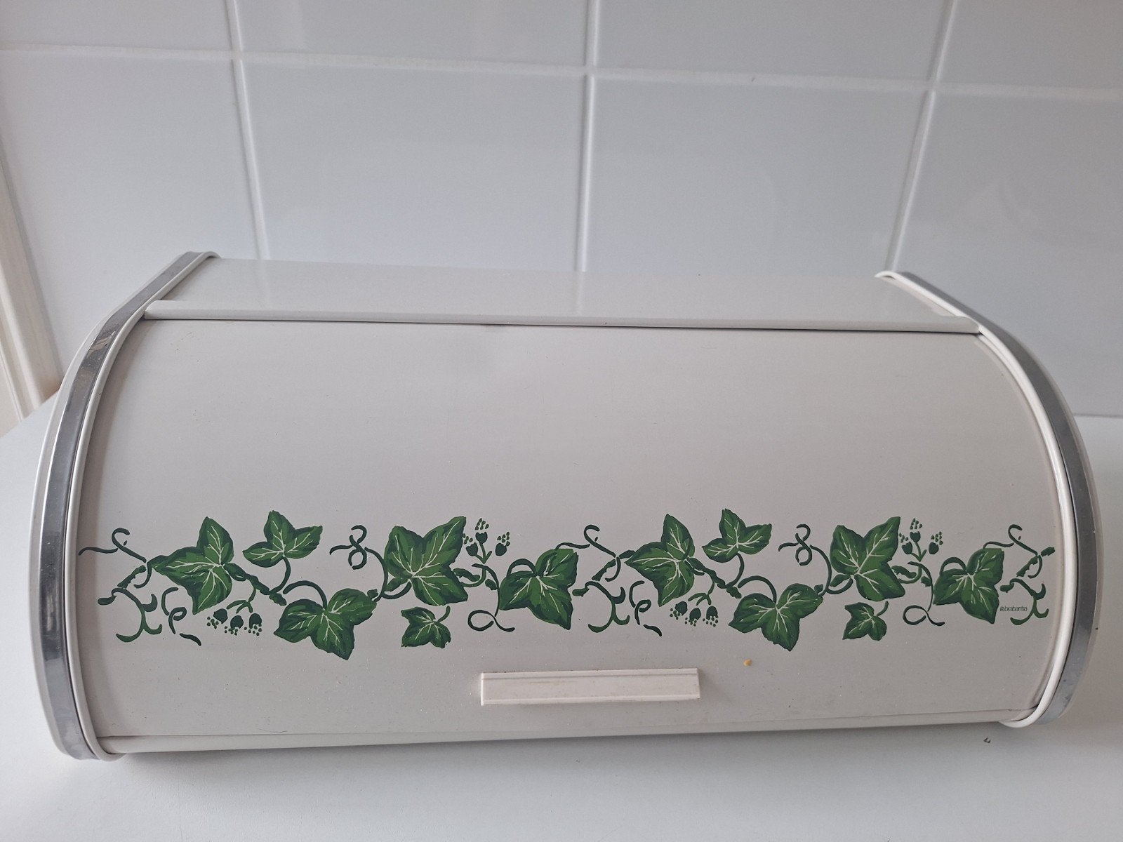 Vintage Brabantia Broodtrommel creme met Klimop Decoratie, Gebruikt, Ophalen of Verzenden, Metaal, Brabantia