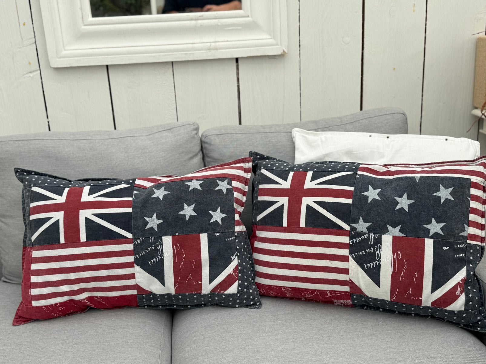 2 kussens rechthoekig Union Jack / Stars & Stripes vintage, Blauw, Dubbelzijdig, Ophalen of Verzenden, Zo goed als nieuw