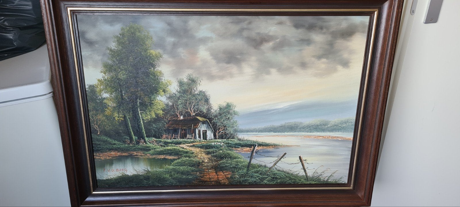 Schilderij F.V.D. Burg - Landschap met huisje aan het water, Ophalen