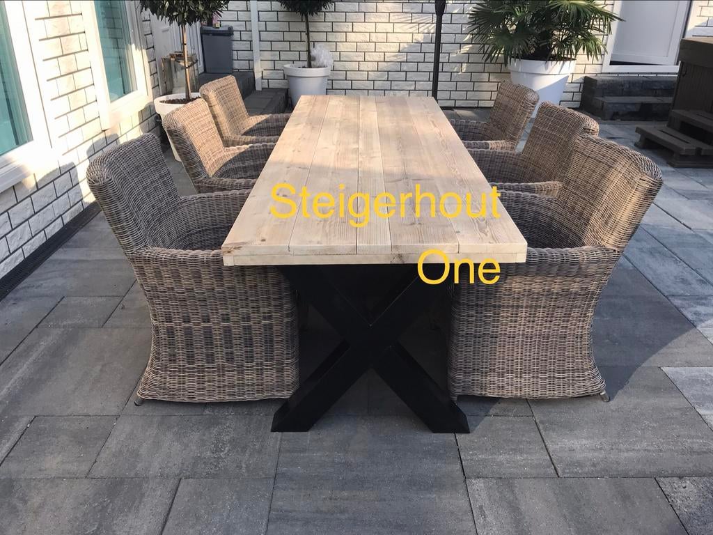 Steigerhouten tuintafel metalen onderstel Korte levertijd, Tuin en Terras, Tuintafels, Ophalen of Verzenden, Gebruikt, Rechthoekig
