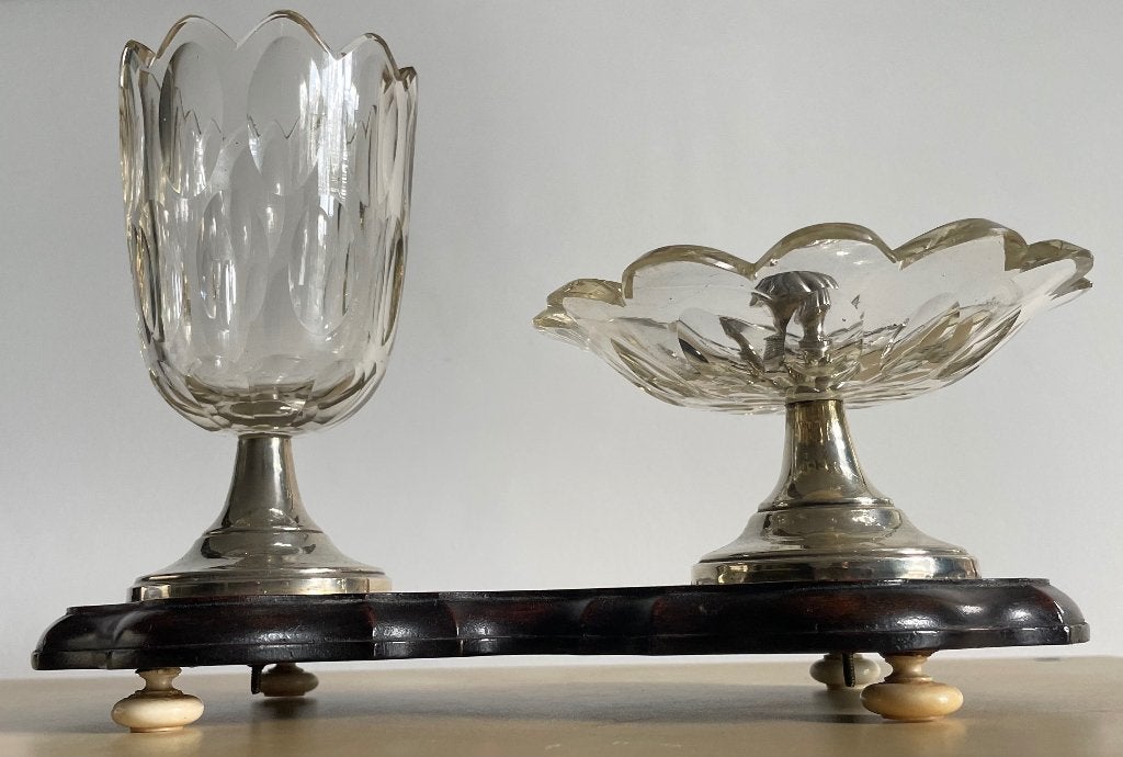 Antiek 3-delig kristallen tafelstel met zilver Biedermeier, Antiek en Kunst, Verzenden, Zilver