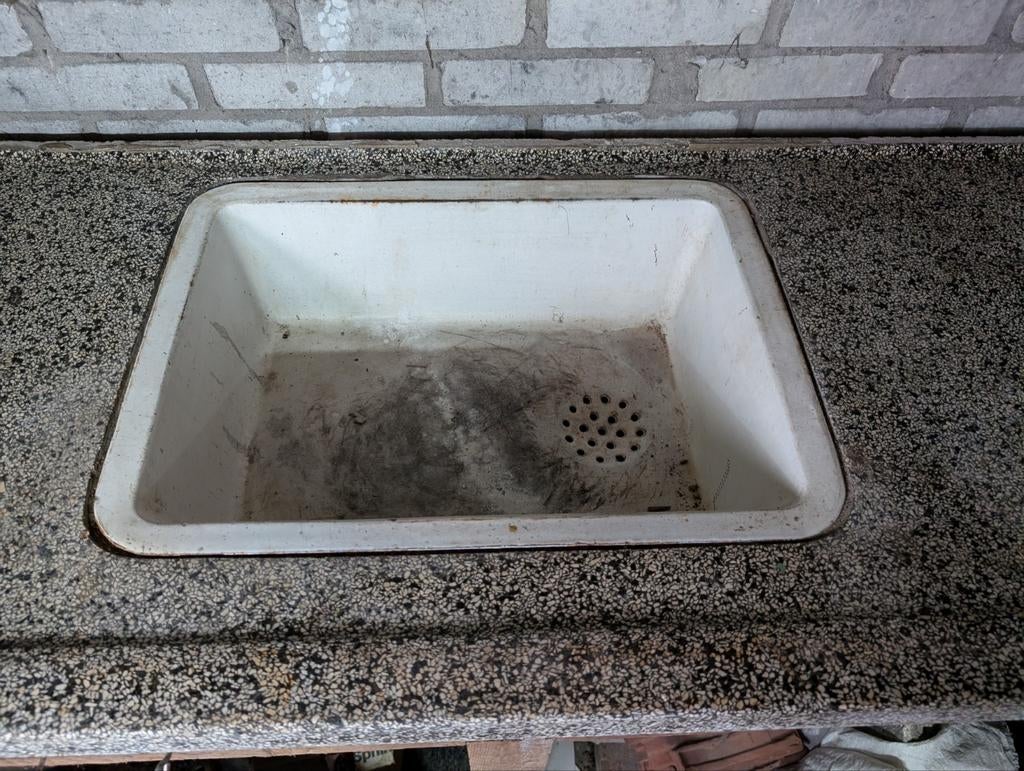 Antiek graniet/terrazzo keukenblad met stalen wasbak, Huis en Inrichting, Keuken | Keukenelementen, Ophalen, Gebruikt, 50 tot 75 cm