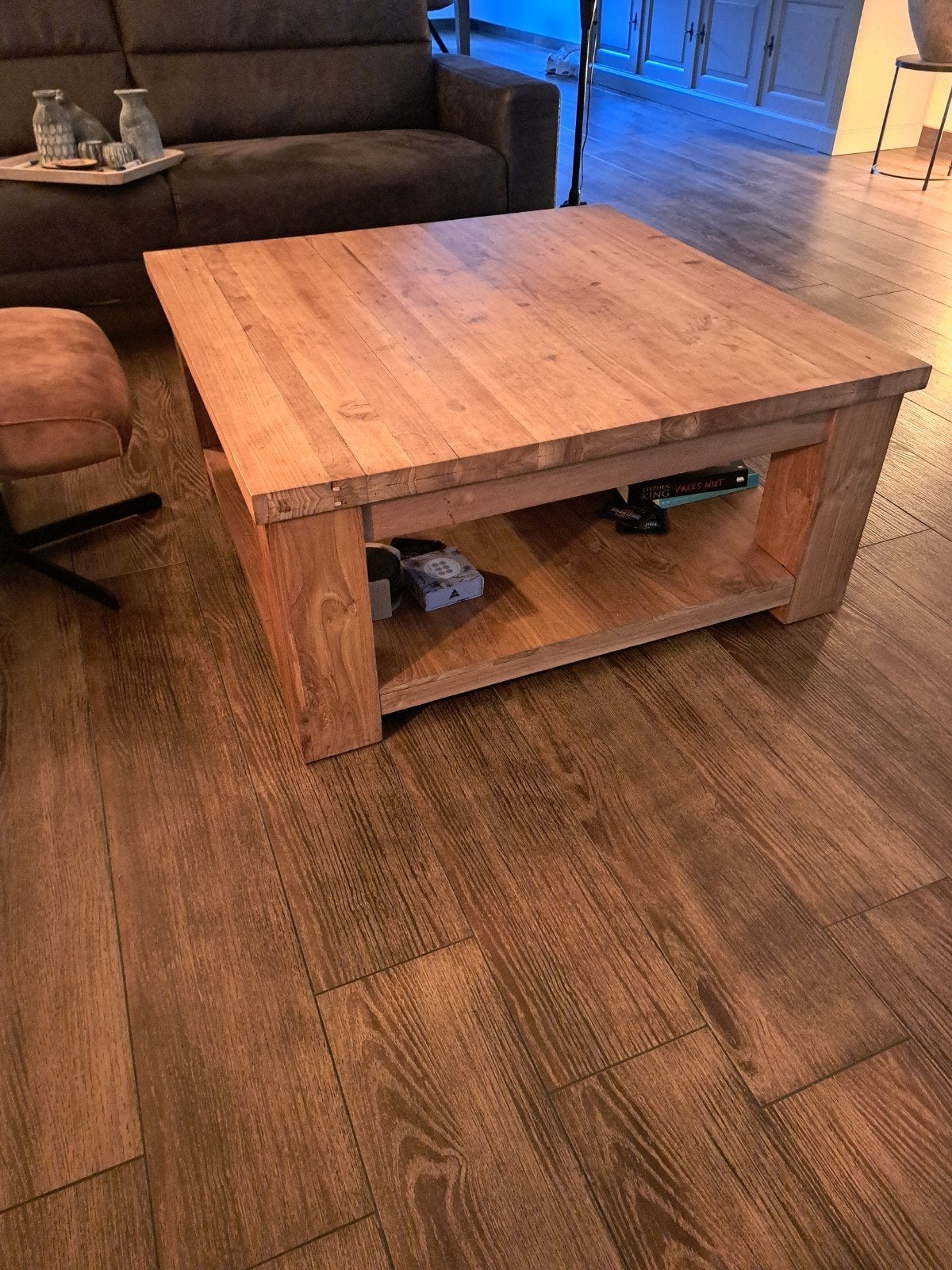 Robuuste Teakhouten Salontafel met Opbergruimte, Ophalen, Gebruikt, 50 tot 100 cm, 50 tot 100 cm