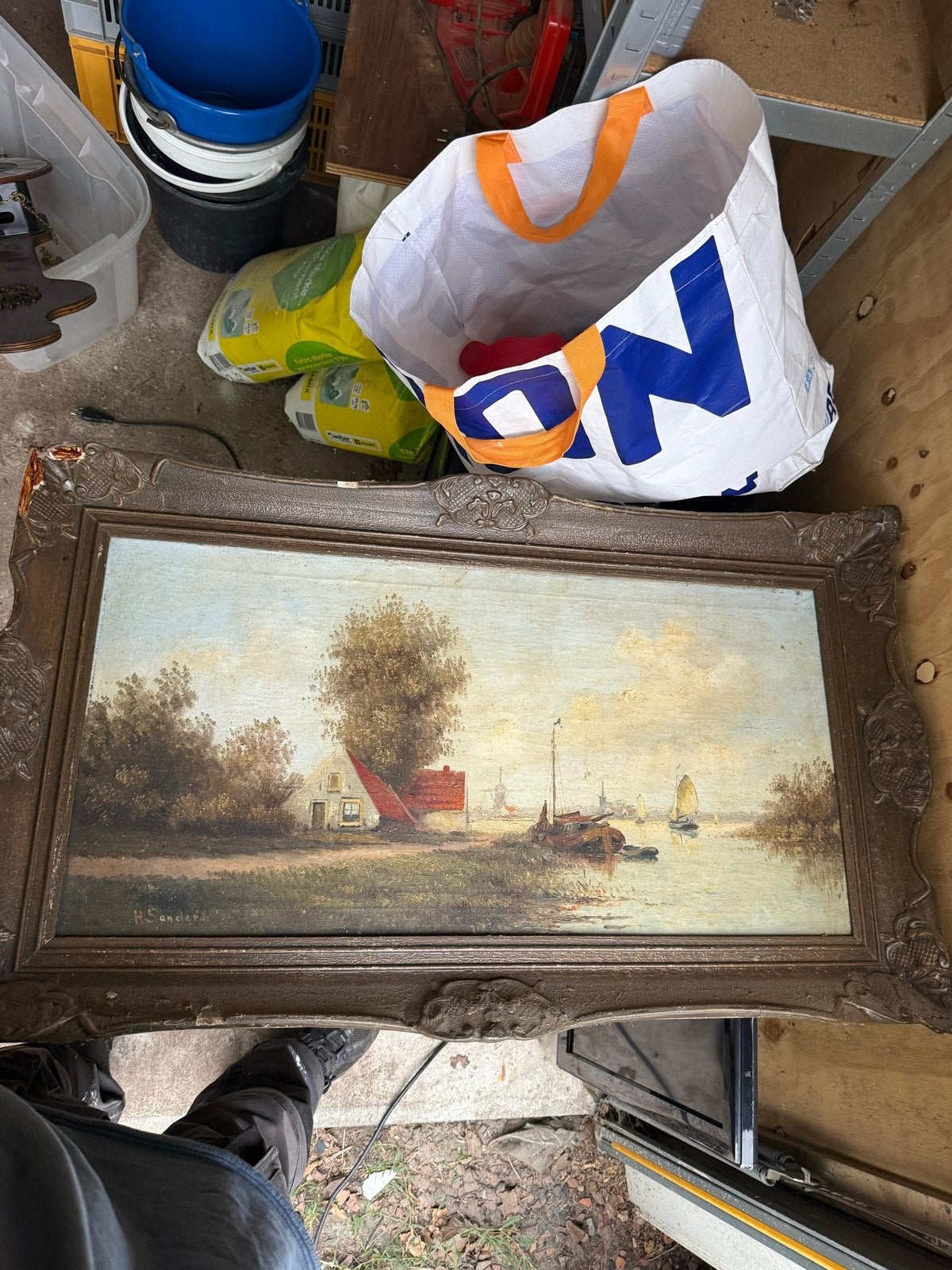 Olieverfschilderij Landschap met boten - Gesigneerd, Antiek en Kunst, Kunst | Schilderijen | Klassiek, Ophalen, Doek, Gesigneerd