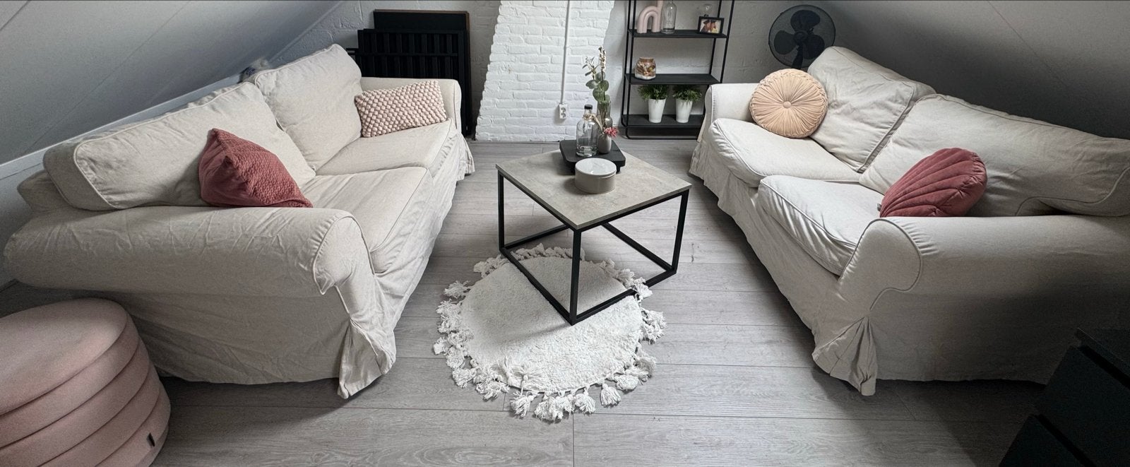 2x IKEA Ektorp tweezitsbank en 1x stoel met beige en grijs, Ophalen, Gebruikt, 150 tot 200 cm, Tweepersoons