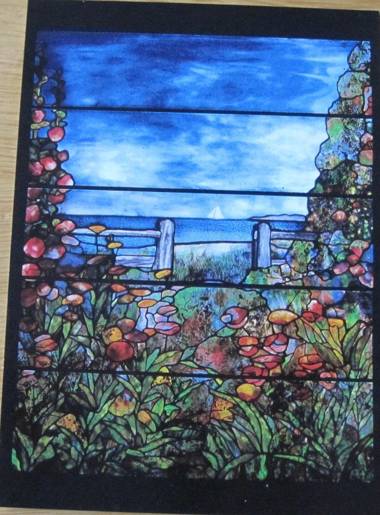 Gebrandschilderde raam met landschap en bloemen, Ophalen of Verzenden, 1980 tot heden, Ongelopen, Overige thema's