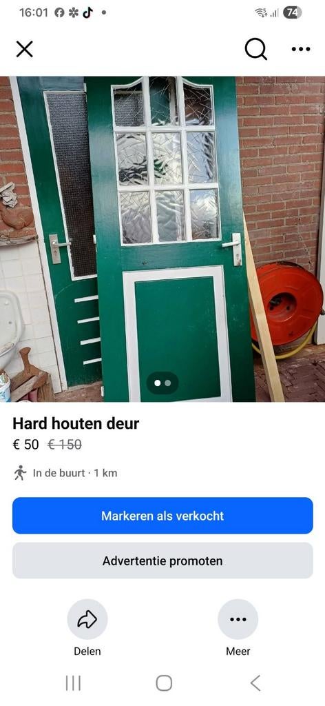 Hardhouten deur met glas - Groen/Hout, Ophalen, Gebruikt, 80 tot 100 cm, Buitendeur