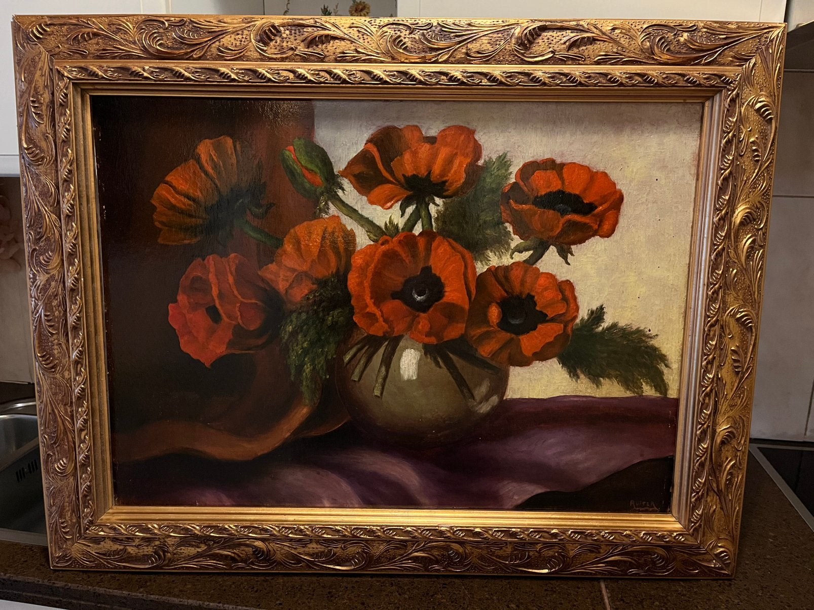 Antiek groot olieverf klaprozen schilderij, Ophalen