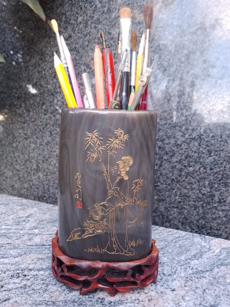 Japanse vintage pennen/potloden pot : horn (Buffel, bizon), Ophalen of Verzenden, Zo goed als nieuw