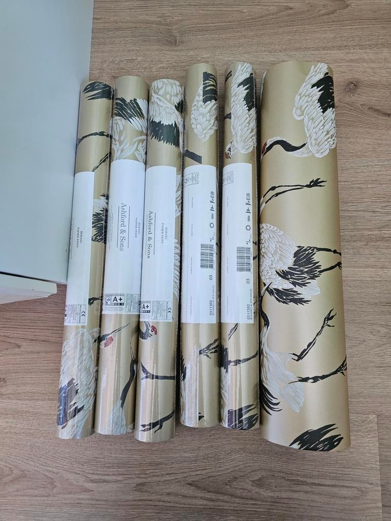 Nieuw goud behang met kraanvogels - 6 rollen, Ophalen of Verzenden