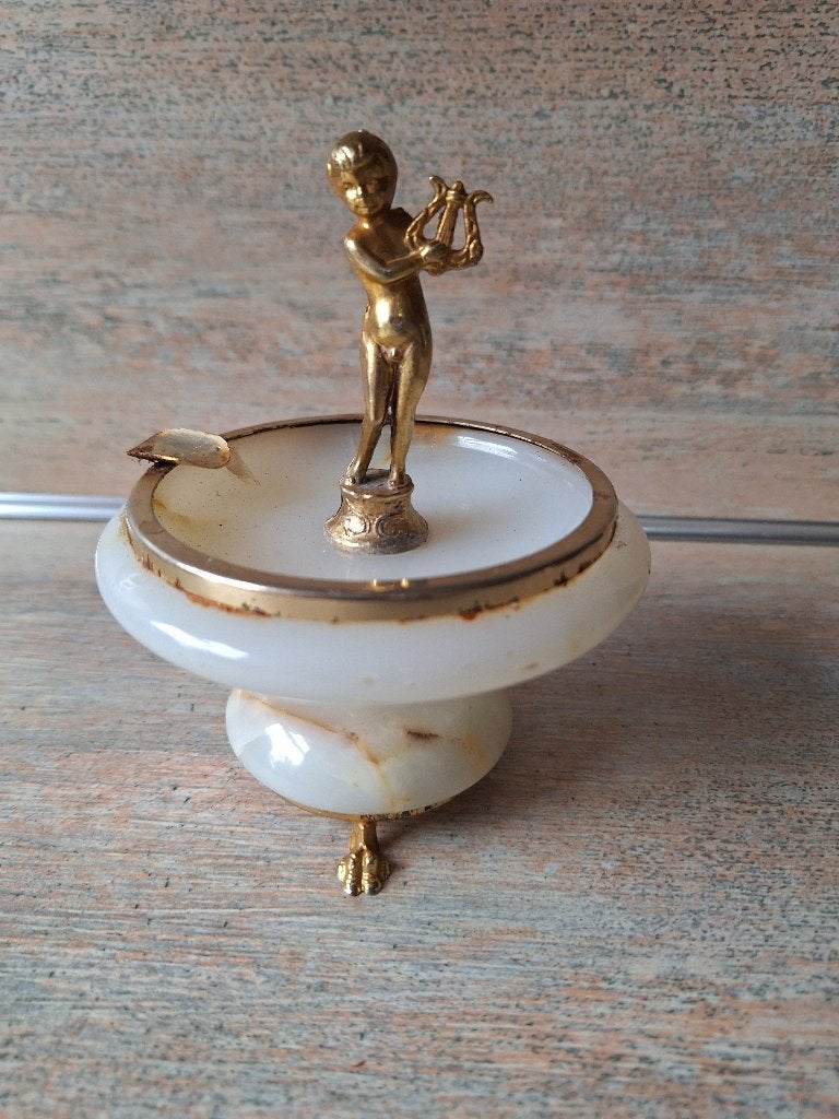 Oude Marmeren Asbak met Bronzen Beeldje - 15 cm Hoog, Ophalen, Gebruikt, Asbak