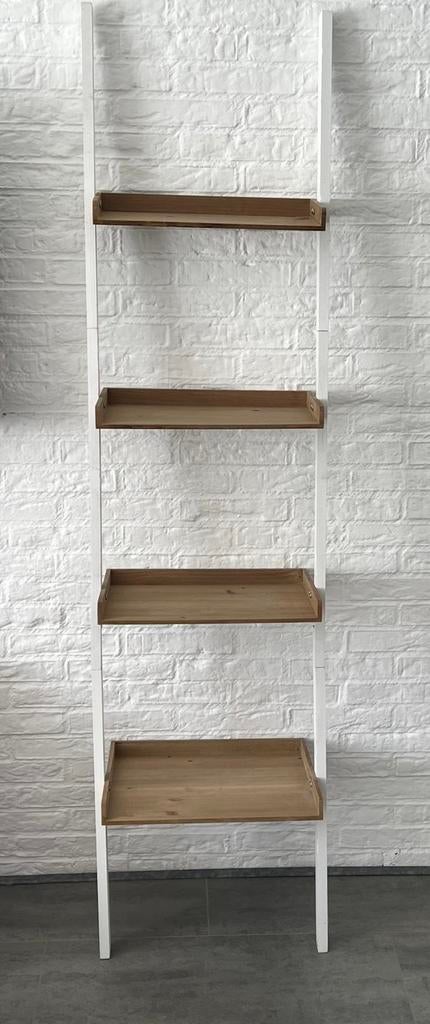 Witte wandrek met houten planken - Ladderrek, Ophalen, Zo goed als nieuw
