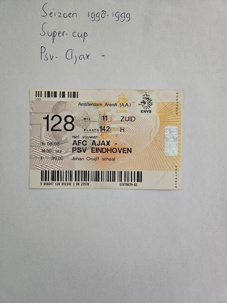 ⚽ Ticket Johan Cruijff Schaal Ajax - Psv 1998/1999 ⚽, Ophalen of Verzenden, Zo goed als nieuw, Ajax, Overige typen