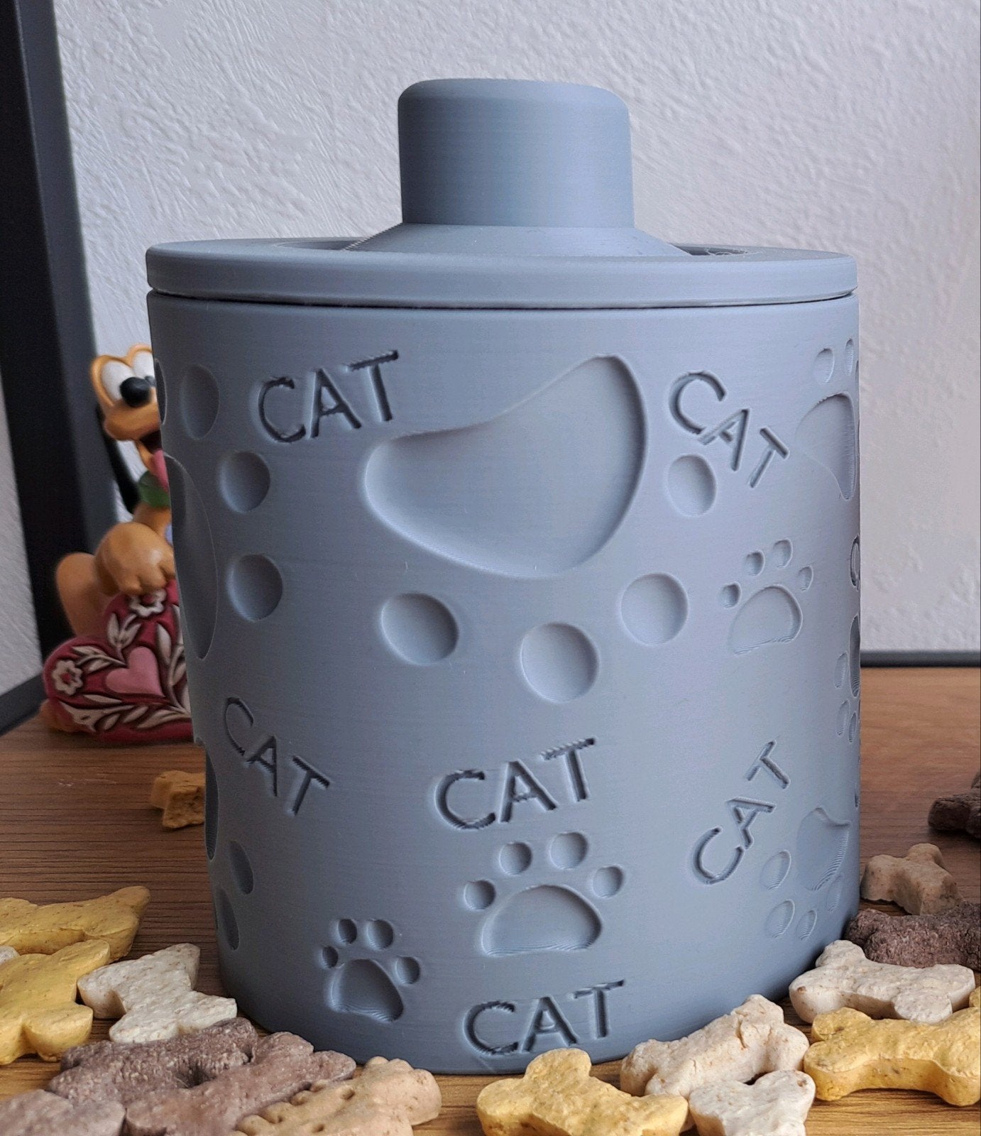 Opbergbus voor kattensnoepjes. 10 x 13 cm. Grijs., Ophalen of Verzenden, Nieuw
