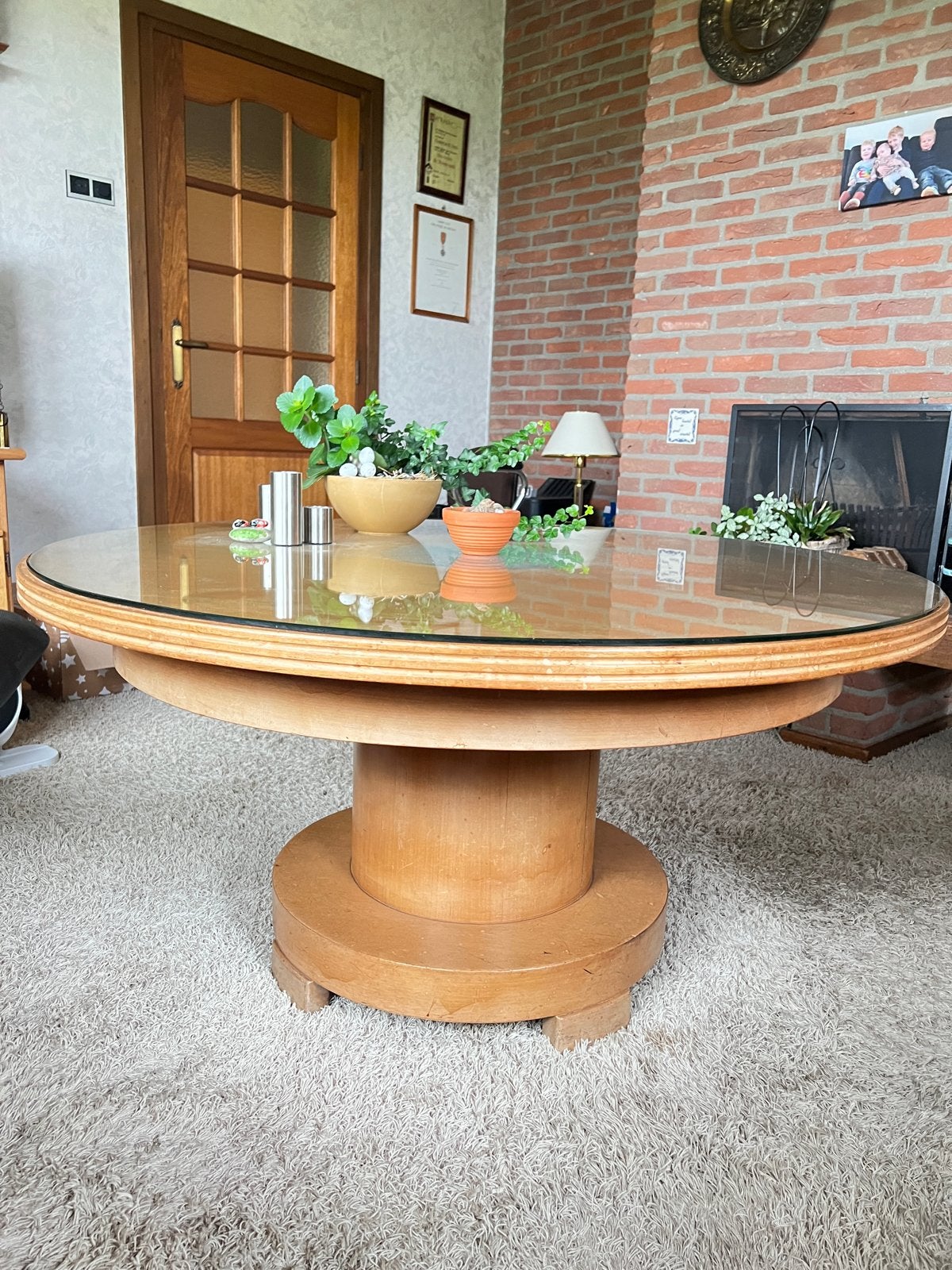 Art deco - Ronde houten salontafel met glazen blad, Ophalen