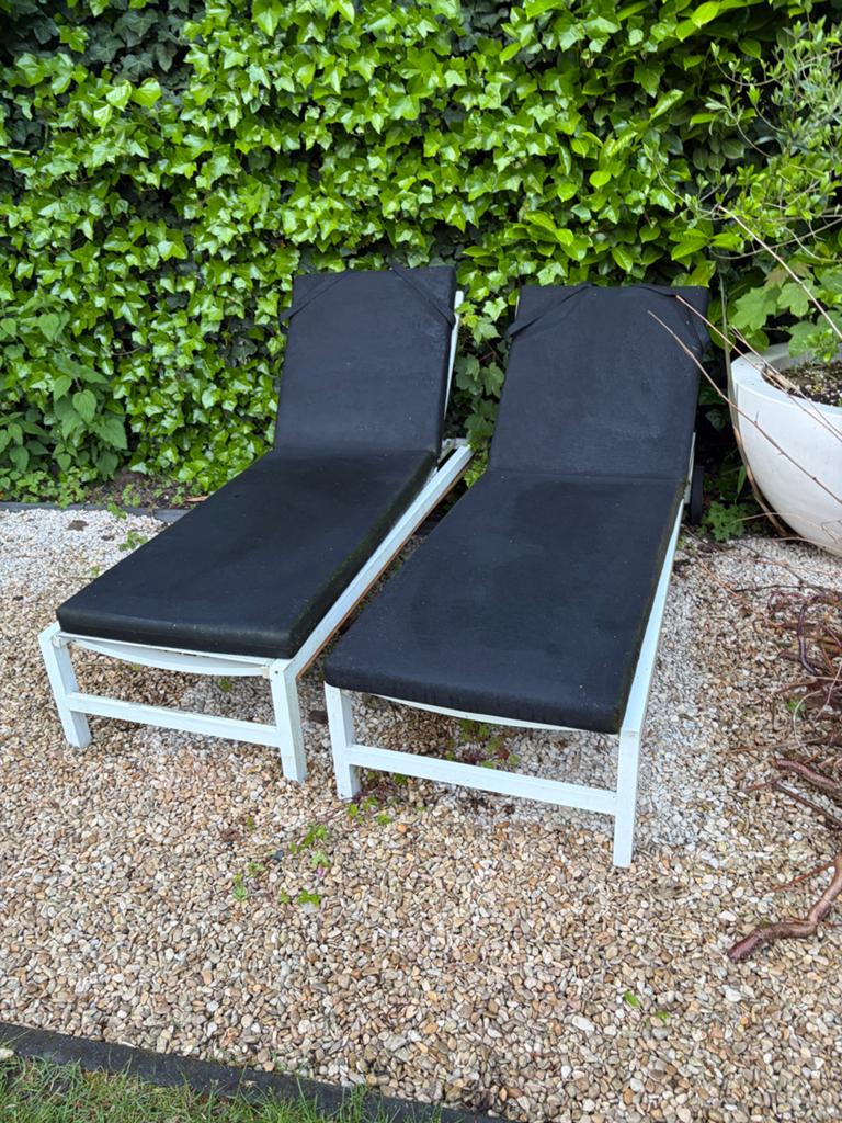 Set van 2 ligbedden met kussens, Tuin en Terras, Ligbedden, Gebruikt, Aluminium, Ophalen