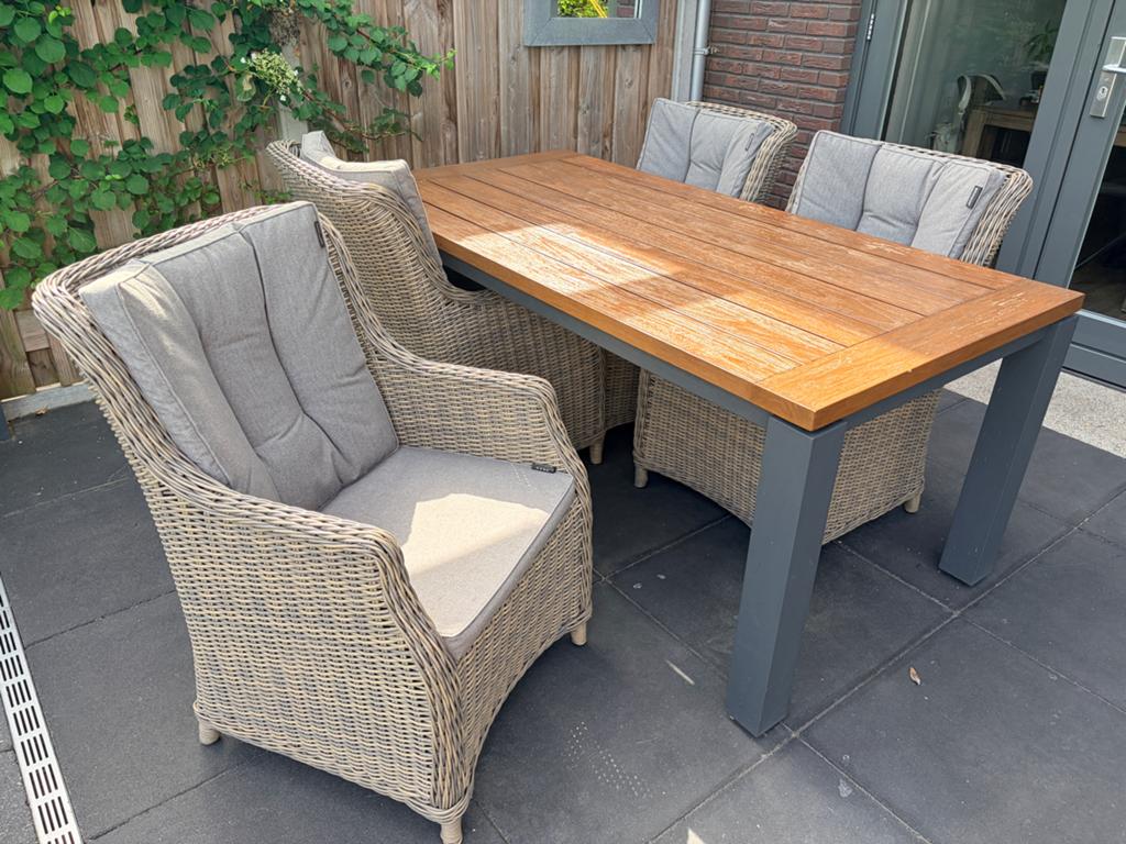 Tuinset met tafel en 4 wicker stoelen, Tuin en Terras, Tuintafels, Ophalen, Gebruikt, Rechthoekig, Hout