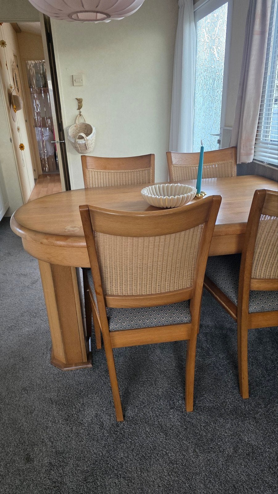 Ovale eettafel met 4 stoelen - Eikenhout, Ophalen, Gebruikt, 100 tot 150 cm, Klassiek