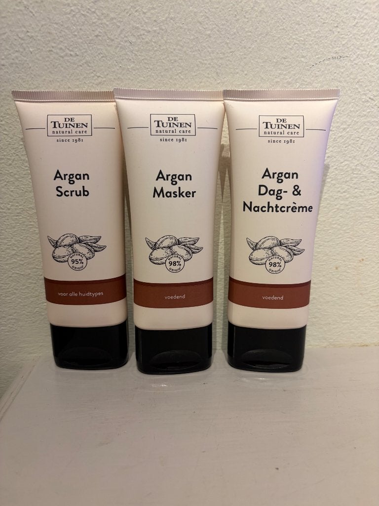 3 x producten uit de Arganlijn van de tuinen  3 x 75 ml, Ophalen of Verzenden, Nieuw, Gehele gezicht, Verzorging