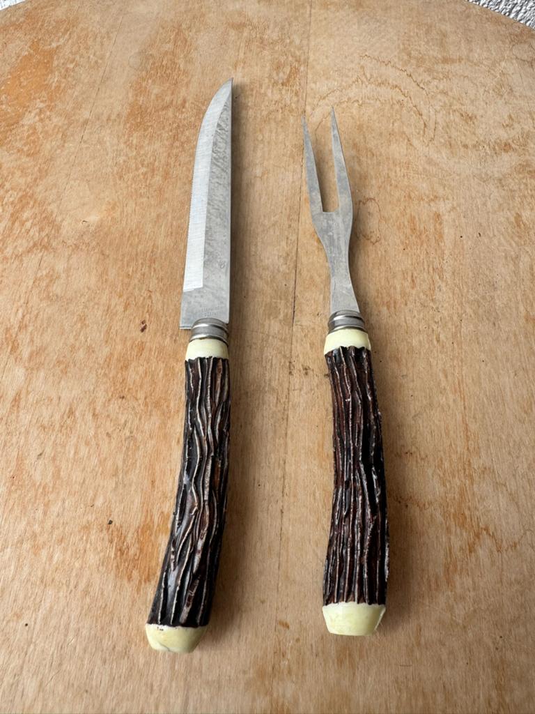 Vintage vleesmes en vork set - Gebruikte staat, Ophalen of Verzenden