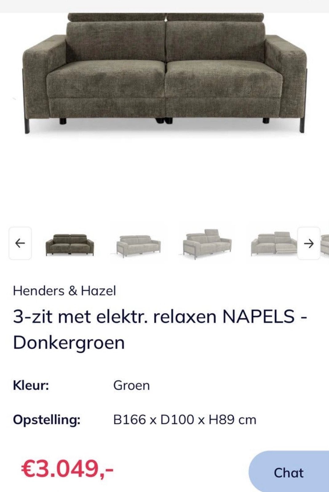 Henders & Hazel 3-en 2 zits met relaxfunctie - Olijfgroen, 150 tot 200 cm, Driepersoons, 75 tot 100 cm, Ophalen of Verzenden