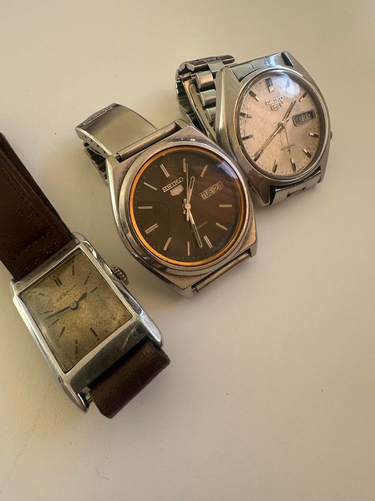 Vintage Seiko 5 Automatic Polshorloge Staal een Eterna, Ophalen, Seiko, Staal, Met bandje