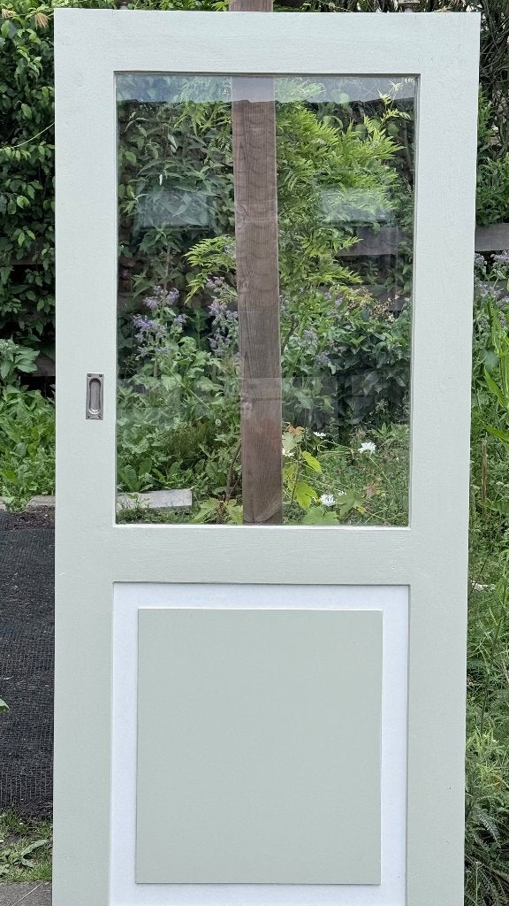 Houten schuifdeur met glas, 84 x 190 cm, lichtgroen, Doe-het-zelf en Verbouw, Ophalen, Gebruikt, 80 tot 100 cm, Binnendeur