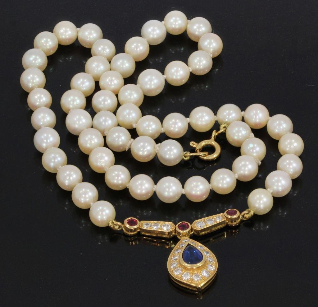 Akoya parel ketting diamant robijn saffier hanger 14k goud, Voordeelsieraden, Verzenden, Zo goed als nieuw, Met edelsteen
