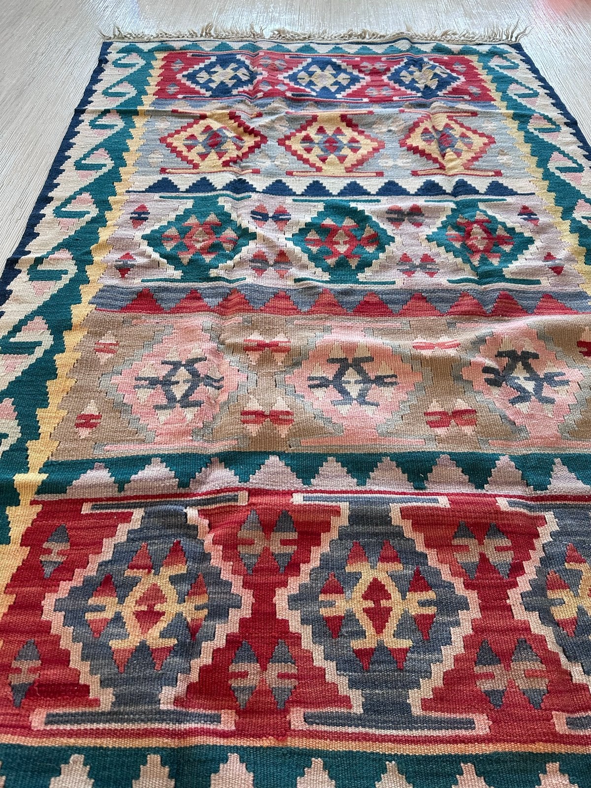 Vintage Kelim Vloerkleed - Handgeweven Wol, 100 tot 150 cm, Zo goed als nieuw, Rechthoekig, Rood