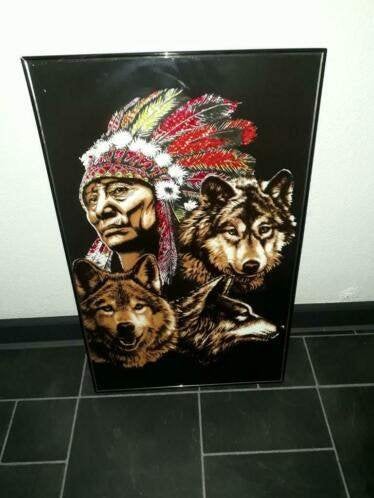 indiaan met wolven - lichtgevend - appart !!, Huis en Inrichting, Ophalen, Zo goed als nieuw, Schilderij, 75 – 100
