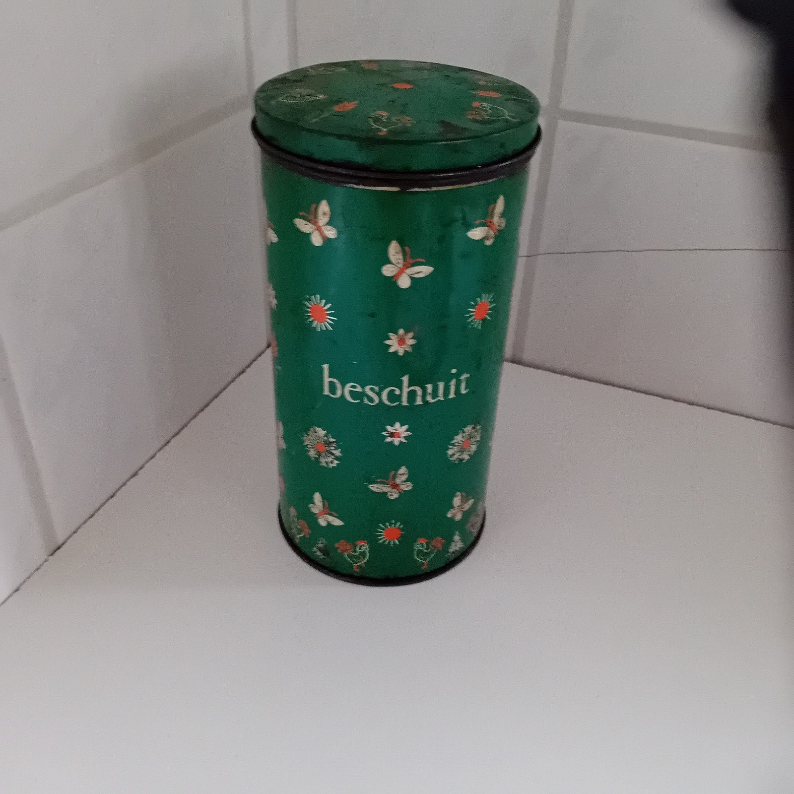 Vintage Beschuitbus Groen met Vlinders en Bloemen, Ophalen of Verzenden