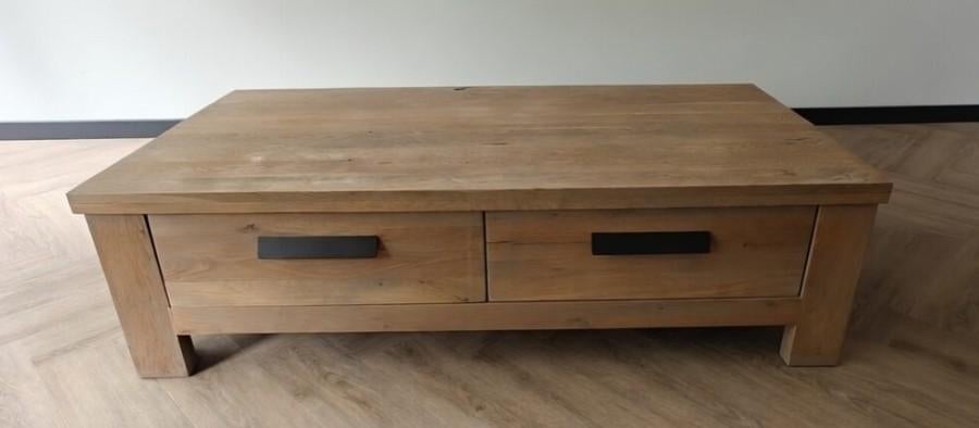 Massief eikenhouten tafel met twee lades - 140x78,5x40, Huis en Inrichting, Tafels | Salontafels, Ophalen, Gebruikt, 50 tot 100 cm